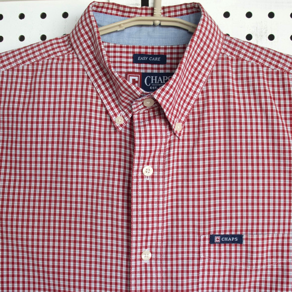 Chaps Easy Care Mens SIZE Large Shirt Red Short Sleeve Gingham Plaid - Picture 2 of 8